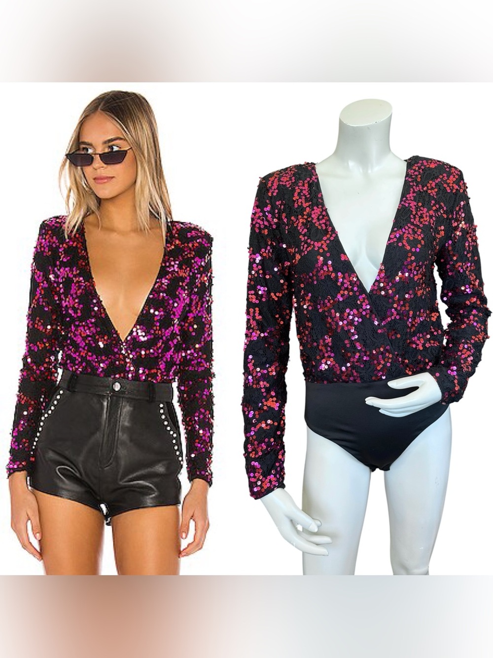 Revolve H:OURS Matilda Fuchsia & Black Deep V Sequin Sparkly Bodysuit Medium
